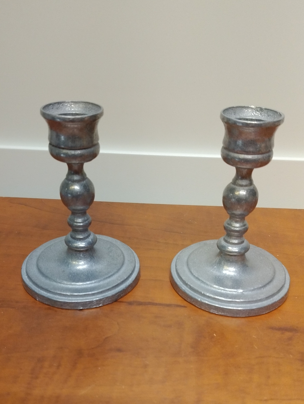 Set Of 2 Primitive Pewter Candlestick Holders 4.5" Tall